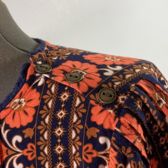 Matilda Jane Top/Blouse Women Size S Orange Floral w Navy inserts Elastic Sleeve - Picture 8 of 10